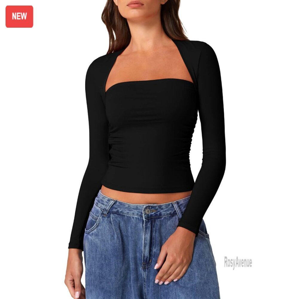 Long Sleeve Square Neck Crop Top, Bodycon Fit, Side Ruching, Going Out Shirt